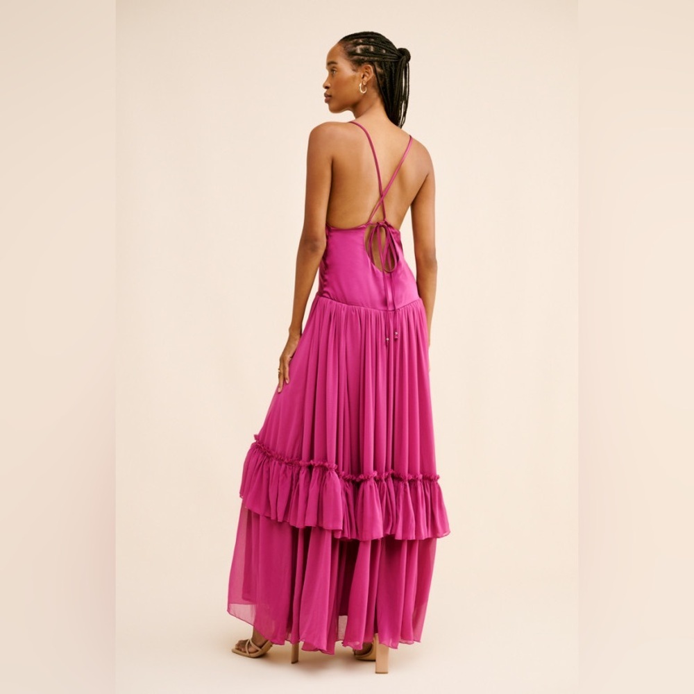 Free People Plum Soliana Drop Waist Satin Tiered Maxi Dress Size Large NWT - Picture 2 of 7